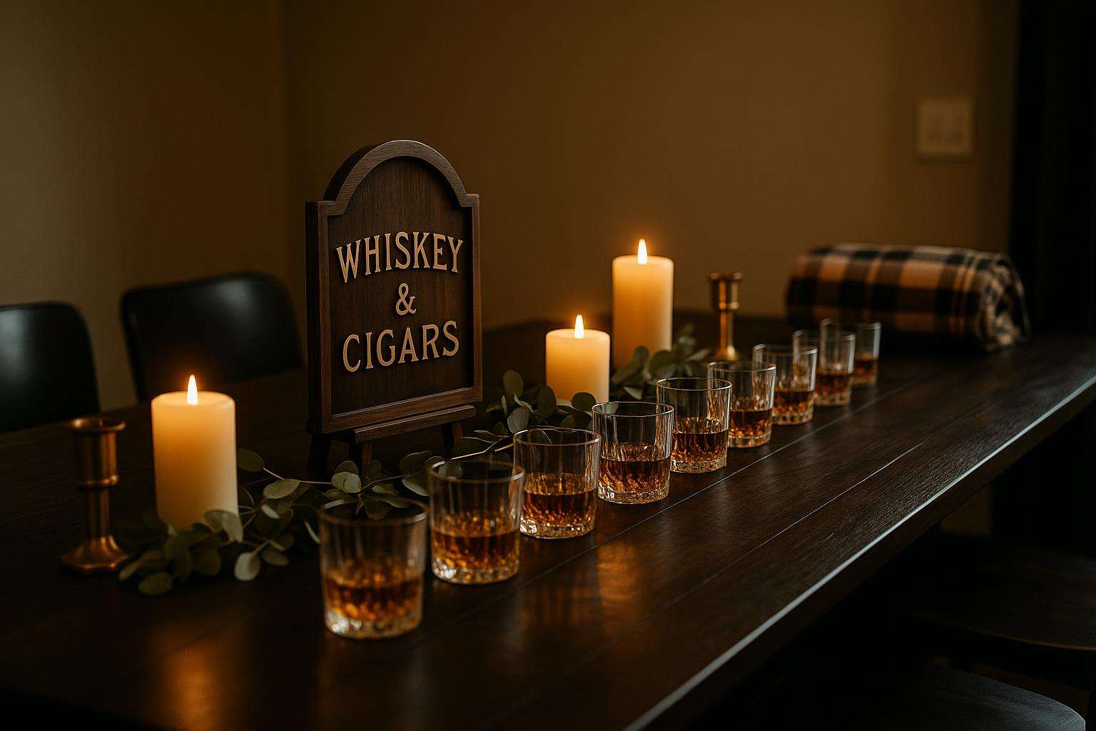 A refined bachelor party drinks table styled in black, cream, and gold — a wooden cigar-and-whiskey bar sign, amber rocks glasses, low pillar candles, and a short greenery garland on dark wood