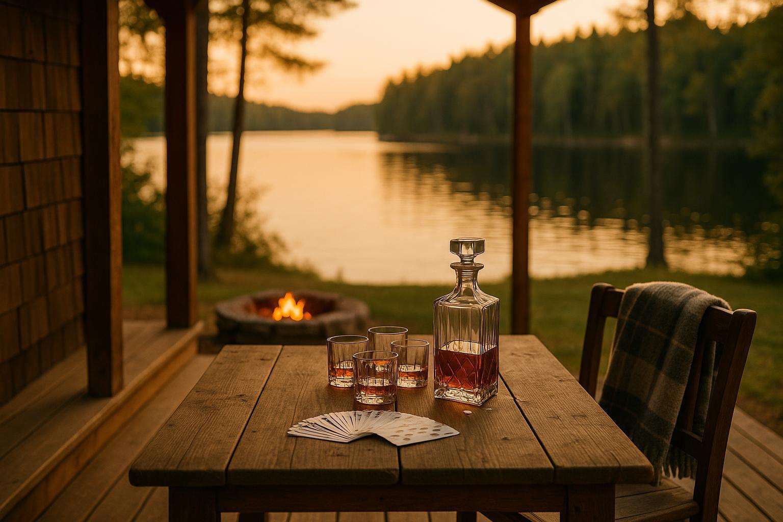A rustic lake-house porch at golden hour set for a small groom's celebration — a long wooden table with whiskey glasses and a decanter, a deck of cards, a lit fire pit nearby, and a calm lake beyond the railing