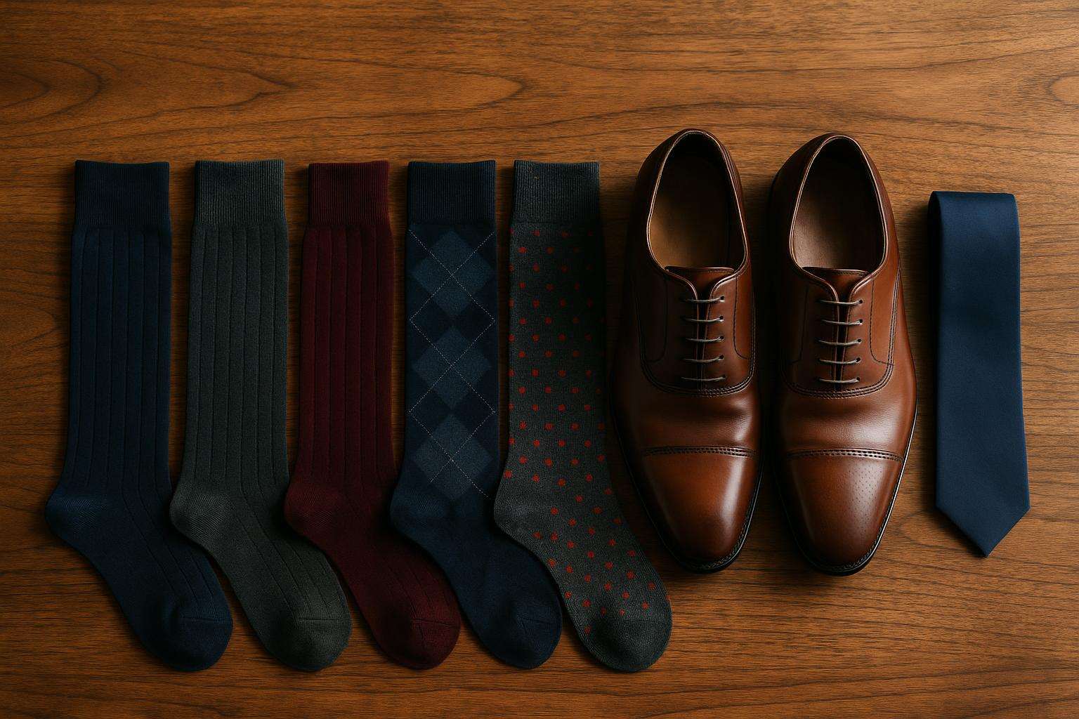 A flat lay of coordinated groomsmen dress socks in navy, burgundy and patterned styles arranged beside polished leather dress shoes on a wooden surface.