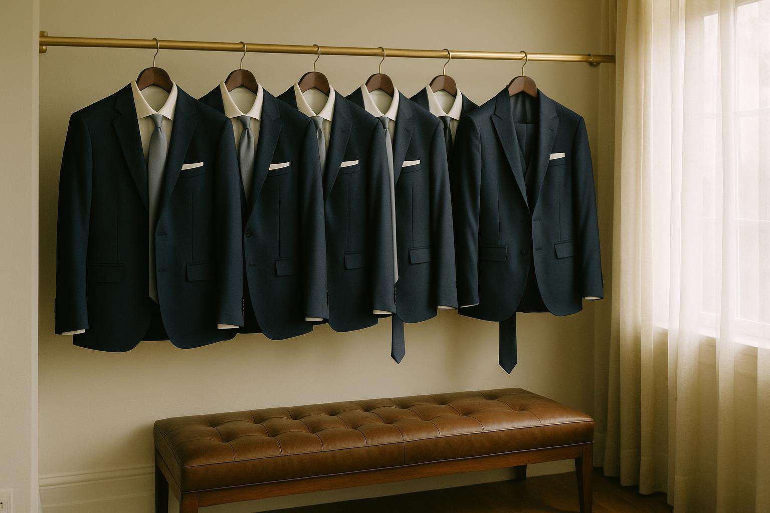 Five coordinated navy groomsmen suits hanging in a row in a sunlit dressing room, with the groom's darker midnight-blue three-piece set slightly apart at the end.