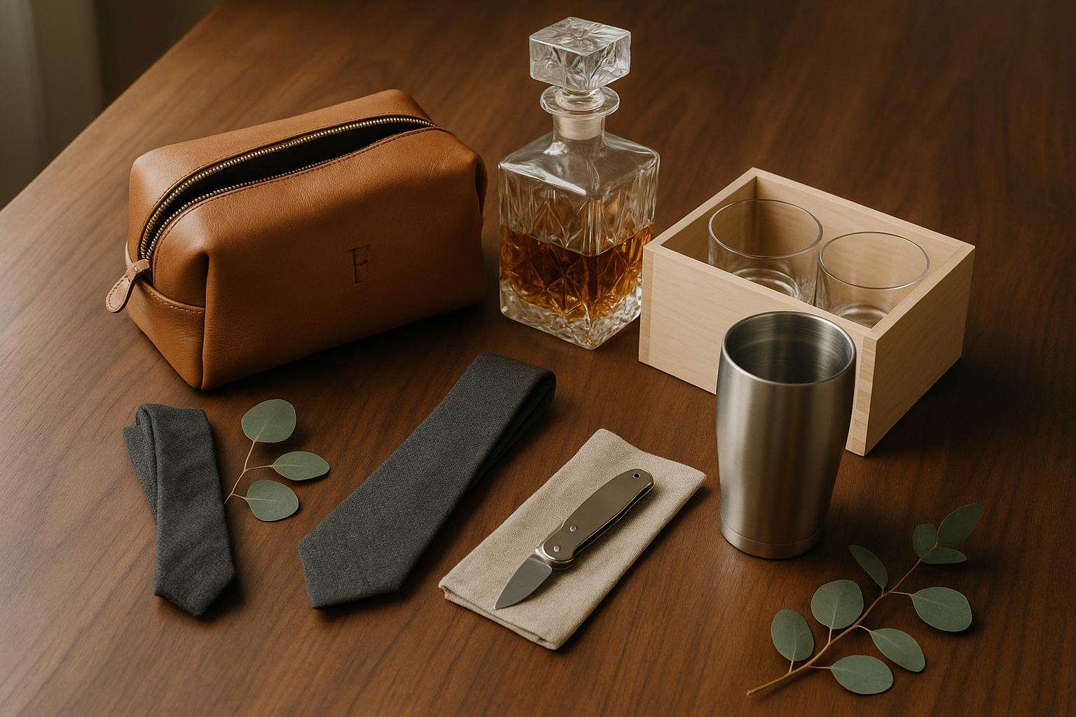 A walnut tabletop arranged with personalized groomsmen gifts — a monogrammed tan leather Dopp kit, an etched crystal whiskey decanter with two glasses, an engraved stainless tumbler, and a folding pocket knife — with a folded wool tie and a sprig of greenery alongside