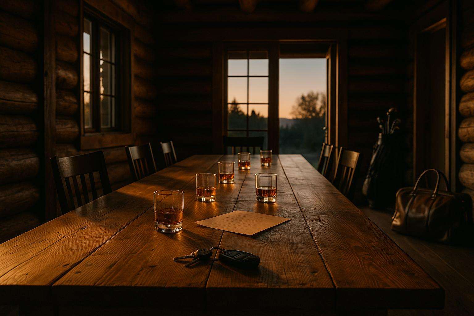 A handsome timber lodge dining table set for a small group of men, with whisky glasses, a folded itinerary, and golf clubs propped by the door in warm evening light.